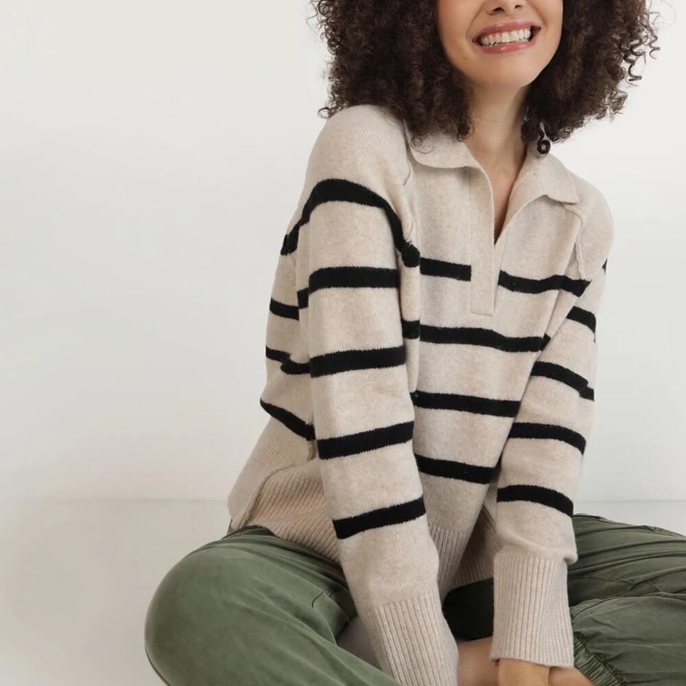 Aerie unREAL Striped Polo Oversized Sweater in Beige/Black Size XS